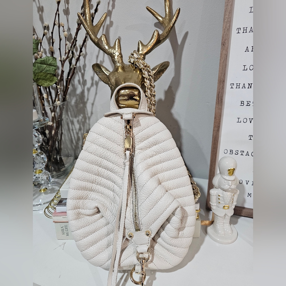 Rebecca Minkoff Julian Mini Leather Backpack Purse w Chain Strap Pearl Off White